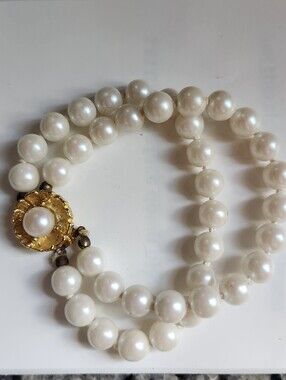 Classic White Faux Pearl Double-Strand Bracelet with Gold Tone Floral Clasp